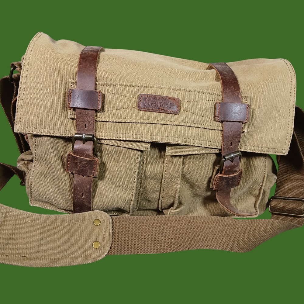 Kattee Messenger Bag Khaki Canvas Leather Satchel Safari Work Travel Travel